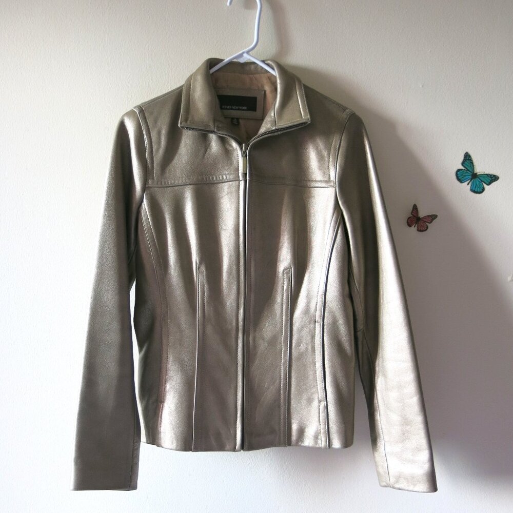 Jones New York Gold Bronze Pewter Metallic Lambskin Long Sleeve Jacket Size S